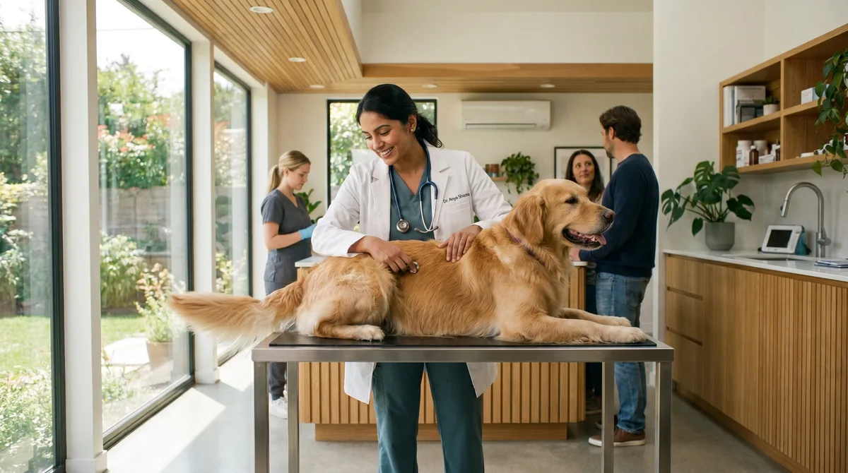 Hund auf dem Behandlungstisch beim Tierarzt vor einer Operation