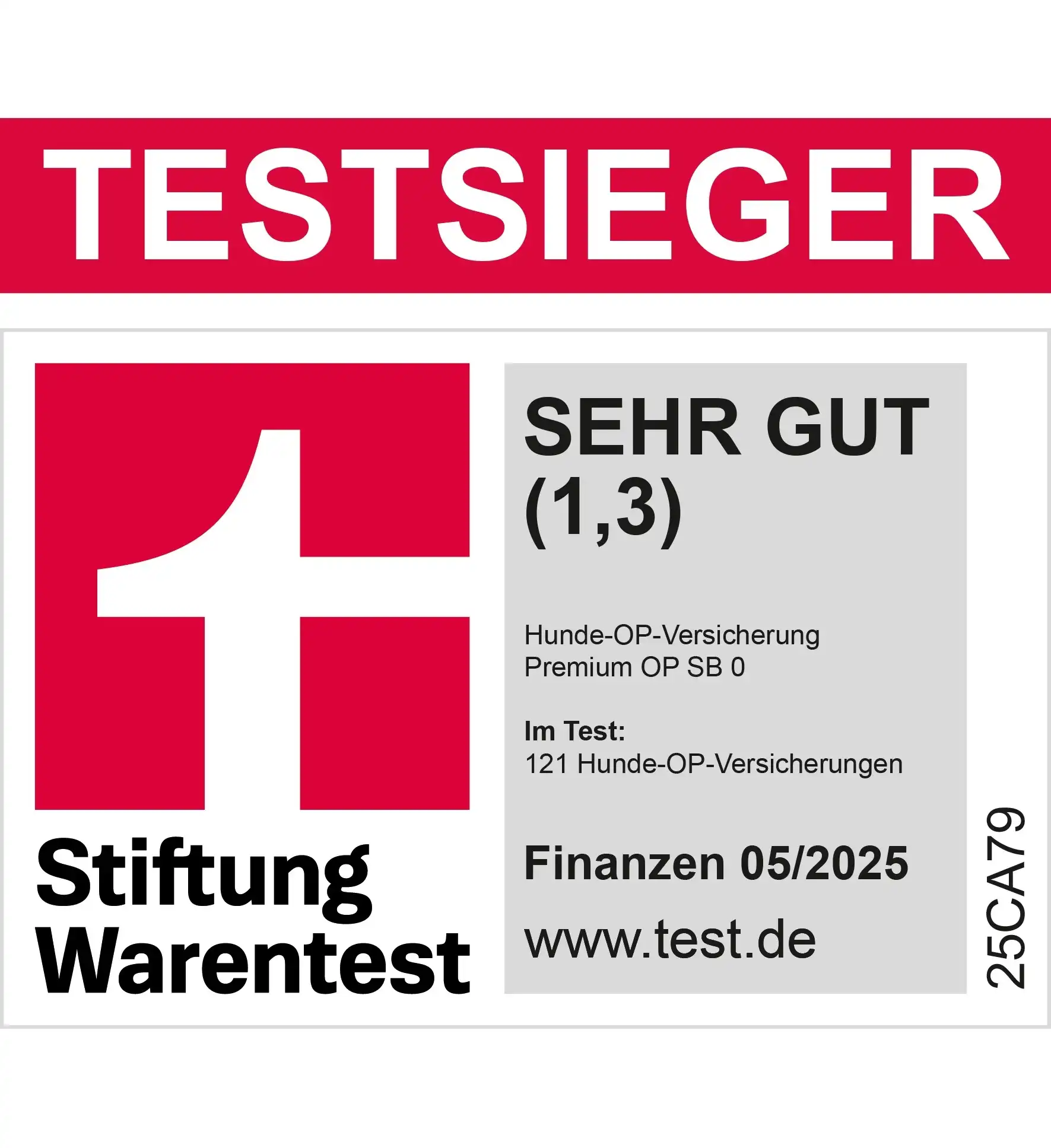 Stiftung Warentest Testsieger SEHR GUT (1,3) — Barmenia Hunde-OP-Versicherung, Finanztest 05/2025